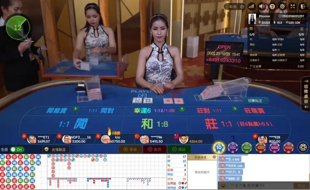 - 香港Gameone娛樂城全新會員福利 - 入金00即返送00! Live casino floor with a female dealer at a blue betting table, screens and cards visible in the background.