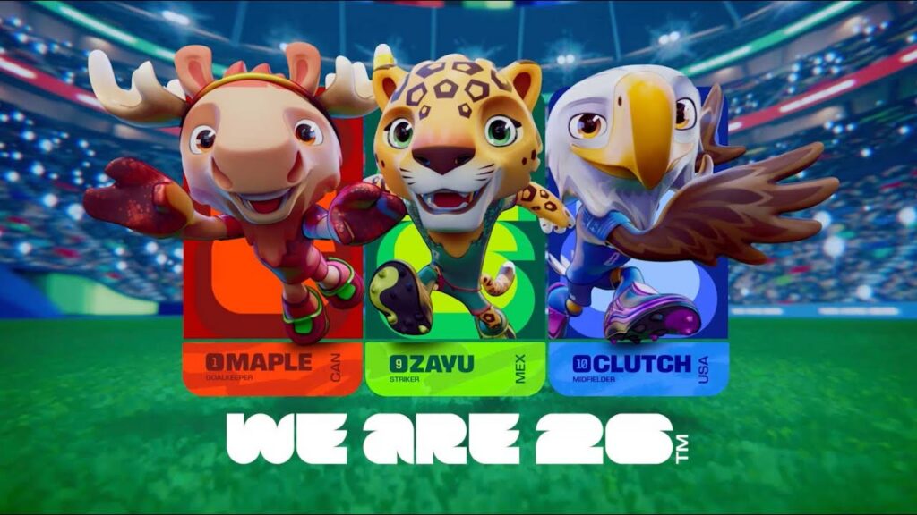 - 香港Gameone娛樂城全新會員福利 - 入金00即返送00! Three animated sports mascots—a moose, a jaguar, and an eagle—run toward the viewer on a colorful stadium background with player cards and the text'WE ARE 20'.