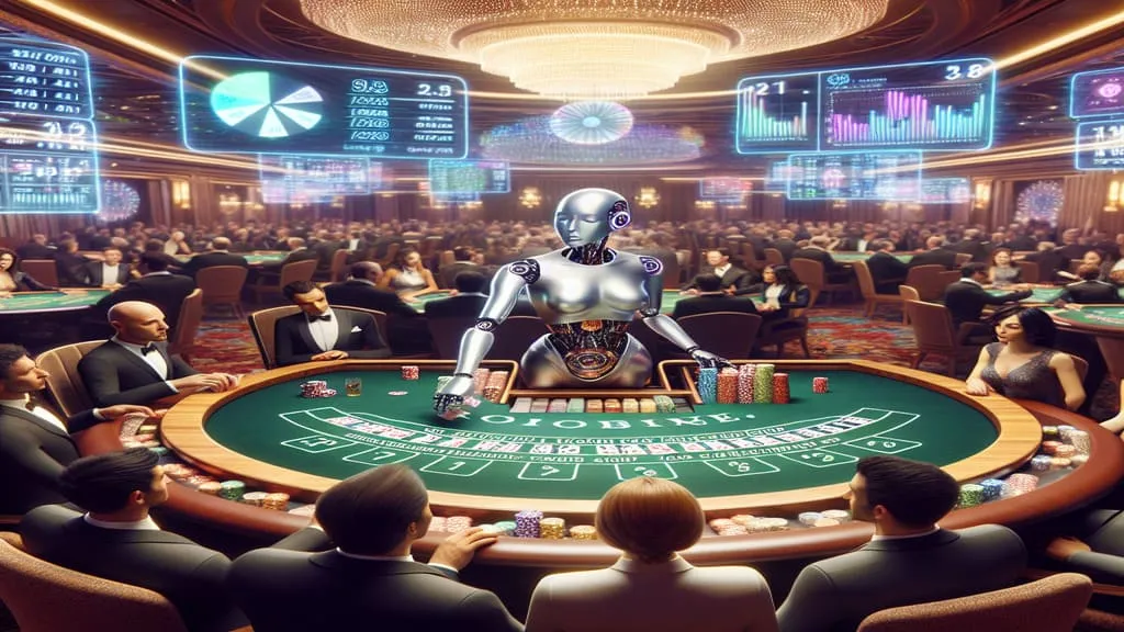 - 香港Gameone娛樂城全新會員福利 - 入金00即返送00! Robotic dealer at a casino baccarat table surrounded by players in tuxedos, with holographic data screens overhead.