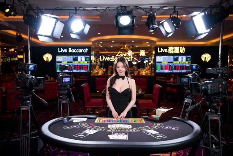 Hostess in a black dress stands at a casino baccarat table, surrounded by cameras and bright studio lights in a live‑casino setup.