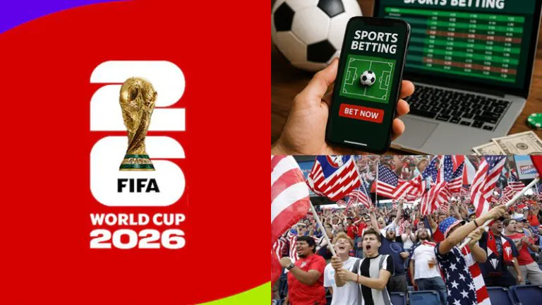 Collage featuring FIFA World Cup 2026 logo, a mobile sports-betting app, and cheering American fans with flags.