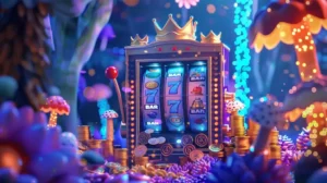 - 香港Gameone娛樂城全新會員福利 - 入金00即返送00! - 香港Gameone娛樂城全新會員福利 - 入金00即返送00! Colorful crown-topped slot machine with three spinning reels, surrounded by coins and a neon fantasy arcade setting.
